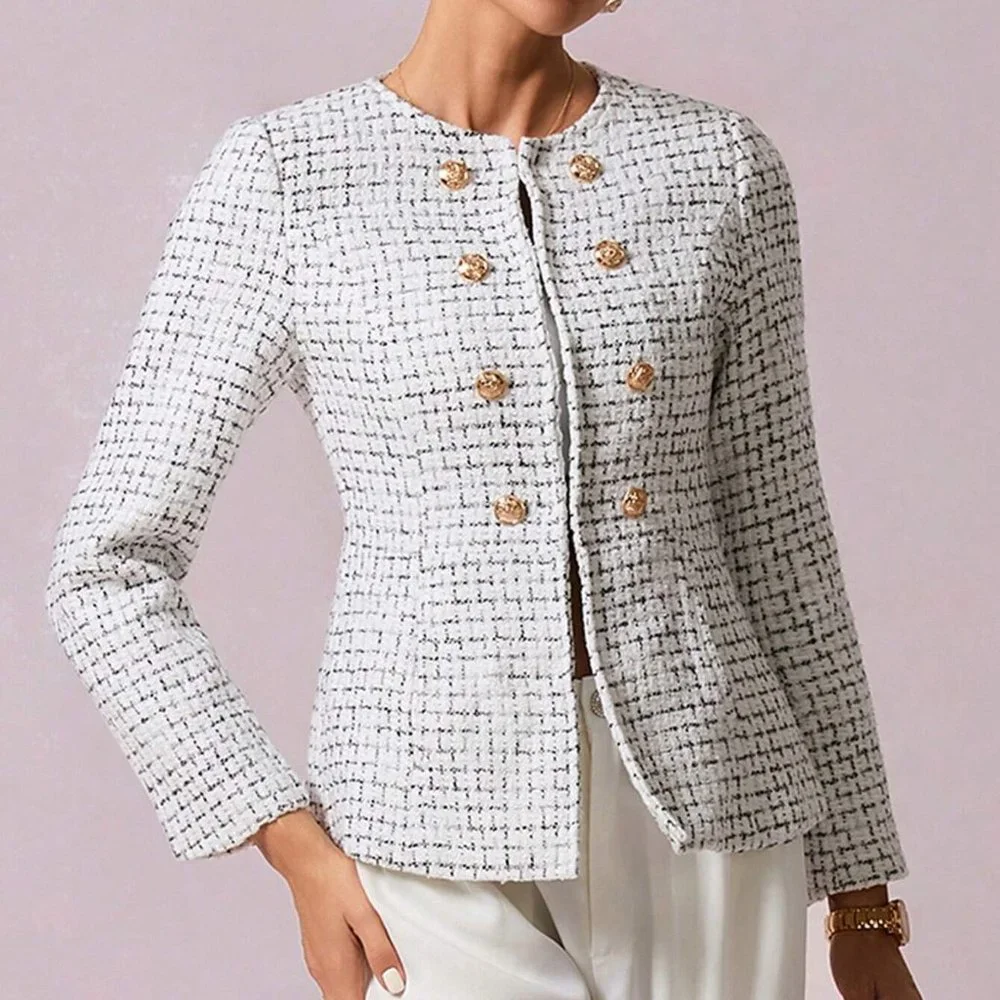 White Preppy Womens Plaid Pattern Double Breasted Tweed Overcoat - Picture 3 of 5